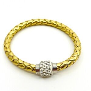 VTG Metallic Gold Tone Braided‎ Faux Leather Bracelet Rhinestone Magnetic Clasp